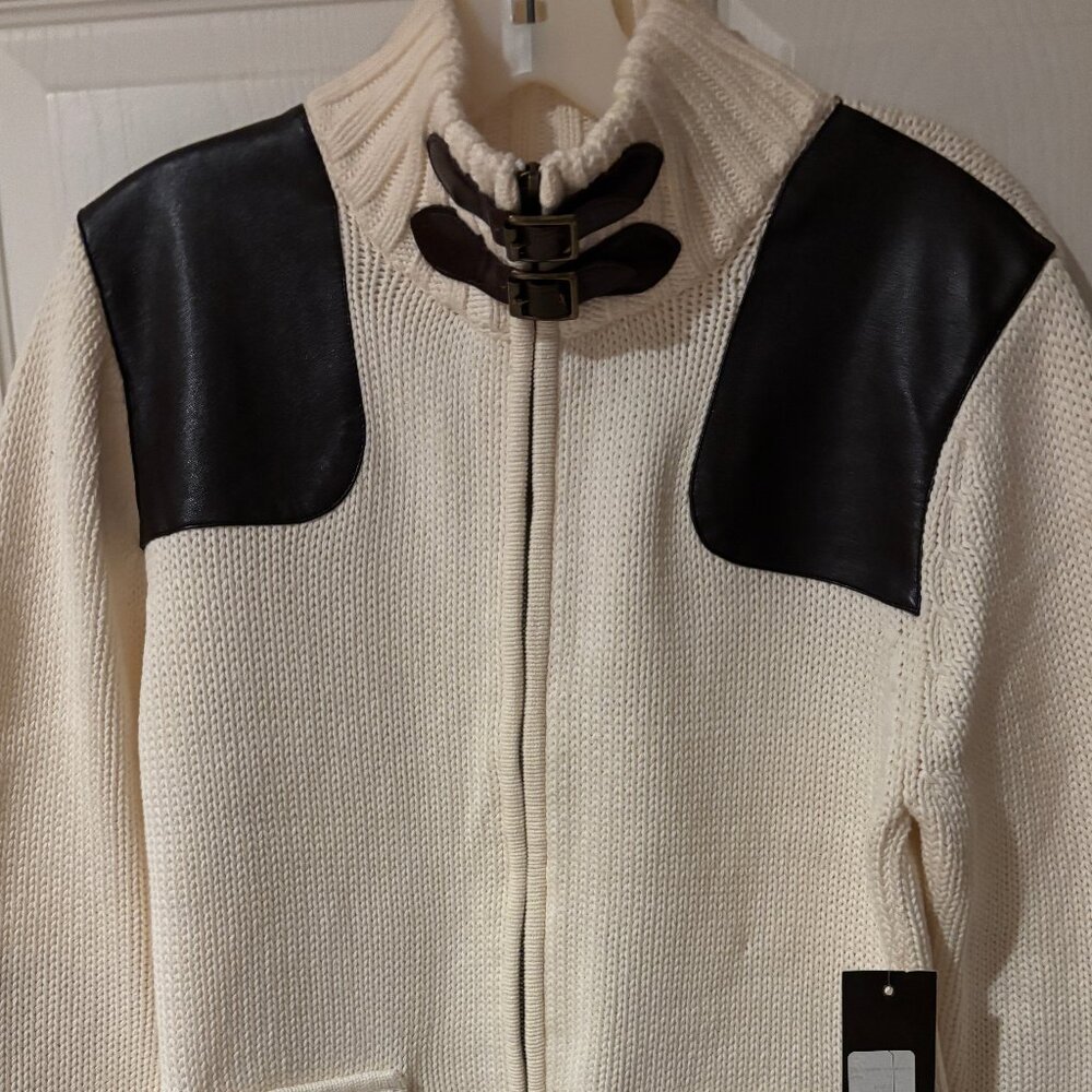 NWT 525 America Zip Front Cotton Cardigan With Leather Buckle Details, Size L